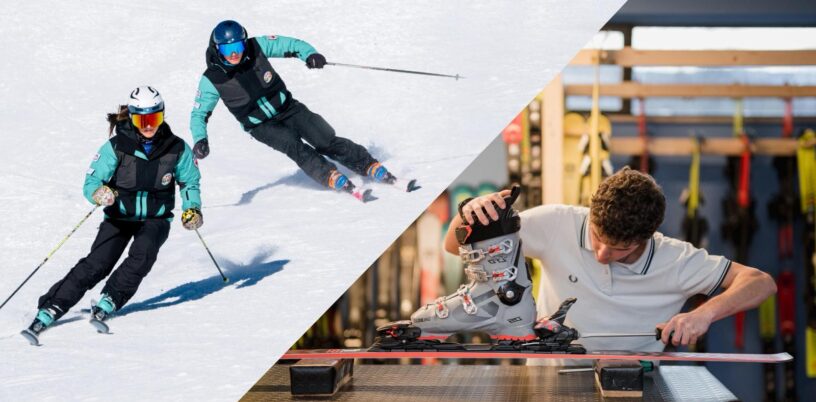 Getrenntes Bild mit Skifahrer und Mitabreiter im Skiverleih beim Ski Einstellen